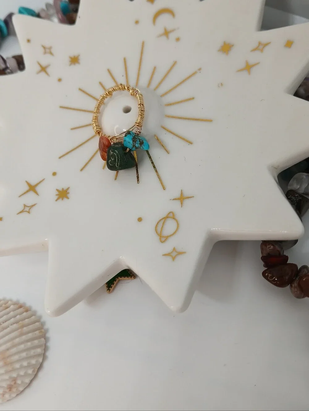 Beautiful Gold Wire Wrapped Stackable Ring with Turquoise, Green & Coral Chips